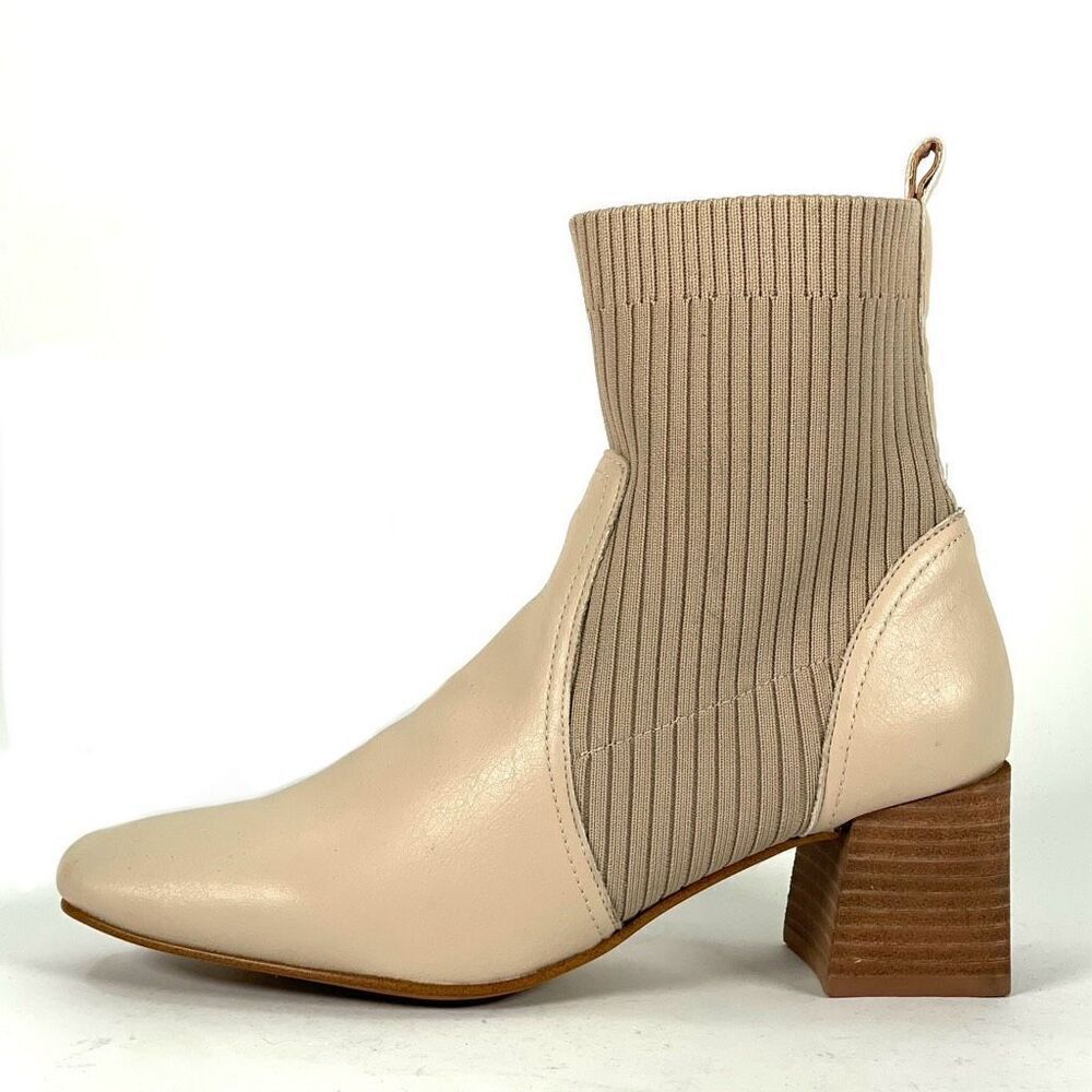 OASIS SOCIETY Geraldine Womens 8.5 Beige Sock Bootie Leather Stacked Heeled Boot